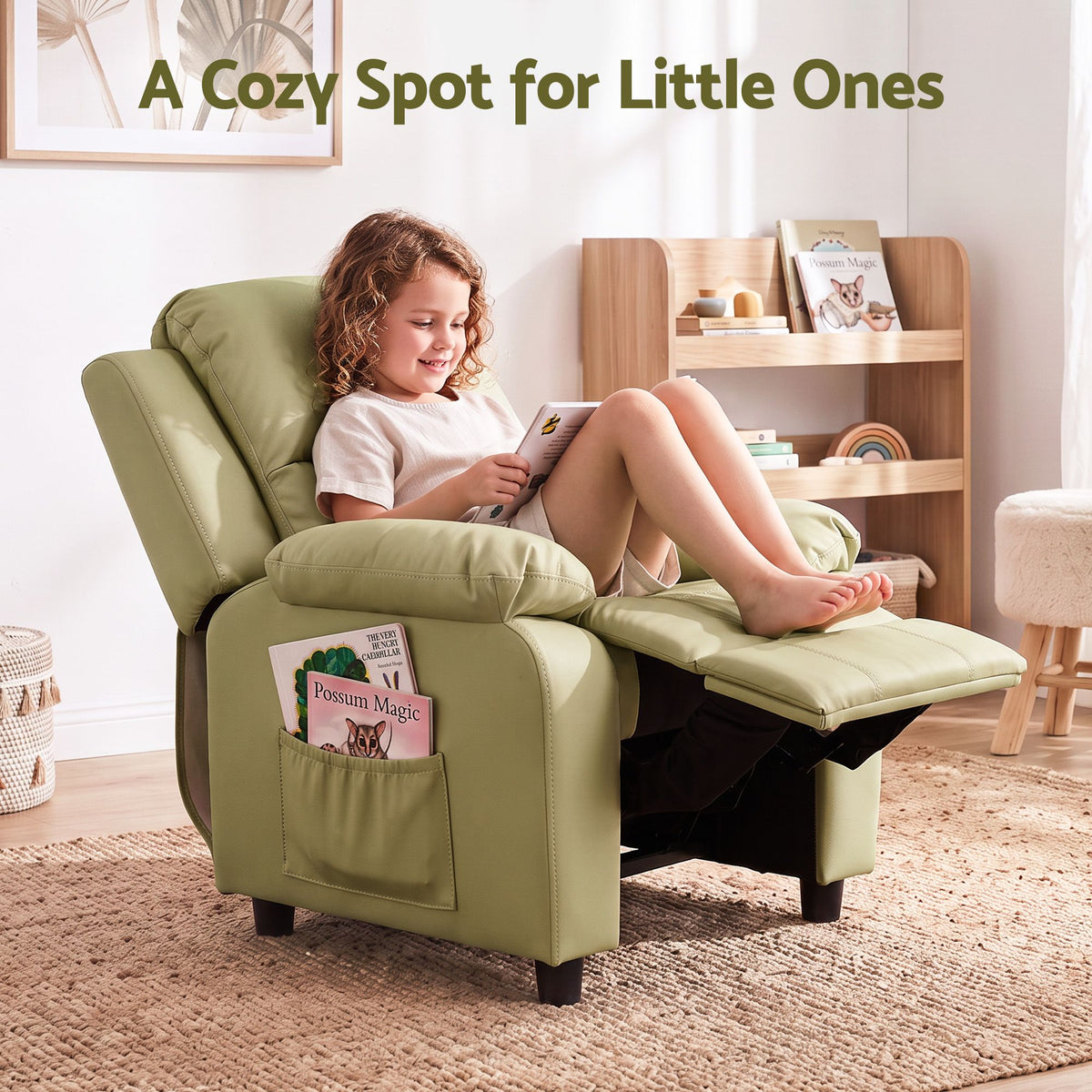 Keezi Kids Recliner Chair PU Leather Toddler Lounge Adjustable Backrest w/ Armrest Storage & 2 Side Pockets Green