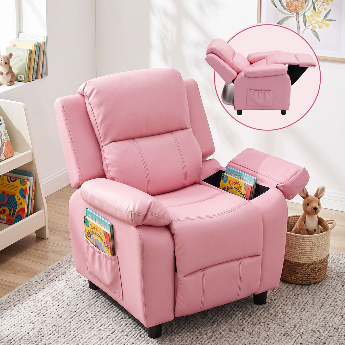 Keezi Kids Recliner Chair PU Leather Toddler Lounge Adjustable Backrest w/ Armrest Storage & 2 Side Pockets Pink