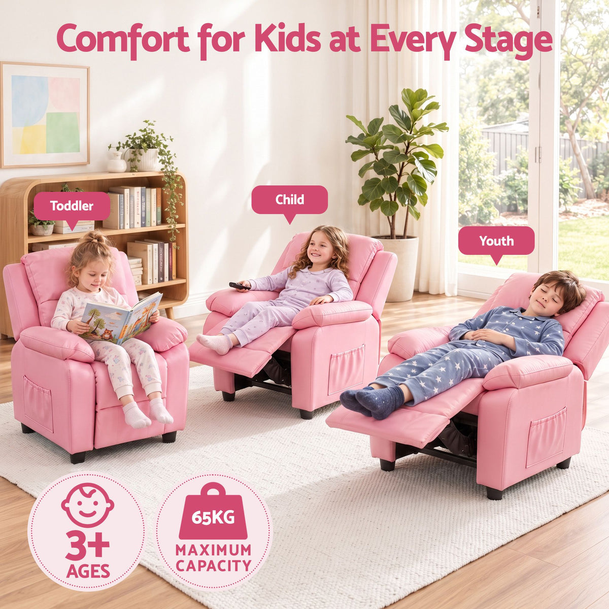 Keezi Kids Recliner Chair PU Leather Toddler Lounge Adjustable Backrest w/ Armrest Storage & 2 Side Pockets Pink