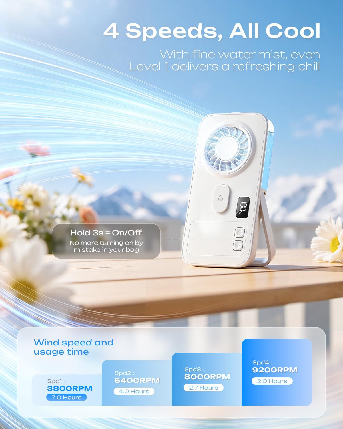 Mini Handheld Misting Fan, Portable Powerful Personal Cooling Mister, Slim Light Foldable, 4-Speed Rechargeable with Water Spray for Hand & Desk (White)
