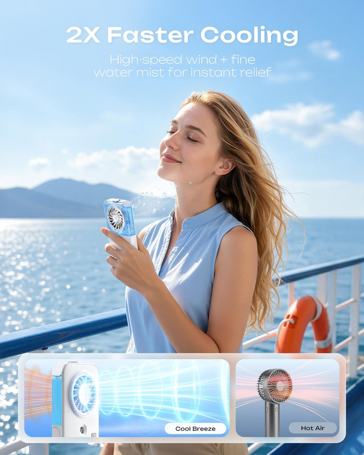 Mini Handheld Misting Fan, Portable Powerful Personal Cooling Mister, Slim Light Foldable, 4-Speed Rechargeable with Water Spray for Hand & Desk (White)