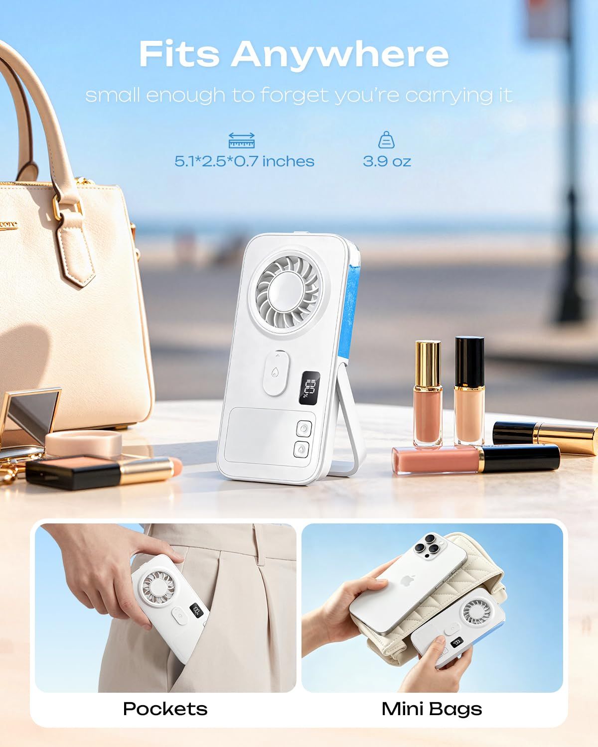 Mini Handheld Misting Fan, Portable Powerful Personal Cooling Mister, Slim Light Foldable, 4-Speed Rechargeable with Water Spray for Hand & Desk (White)