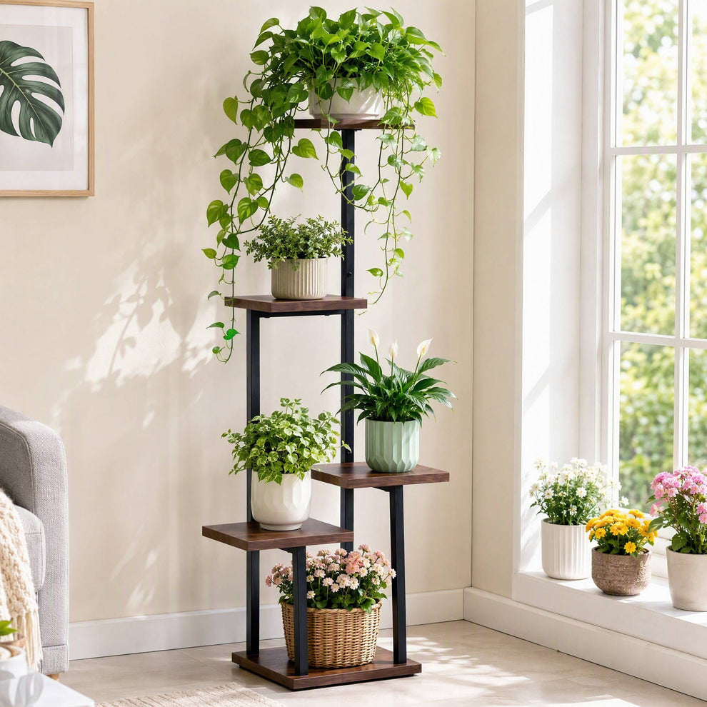 Artiss 5-Tier Plant Stand Indoor Outdoor, Metal & Wood Pot Plant Shelf ...