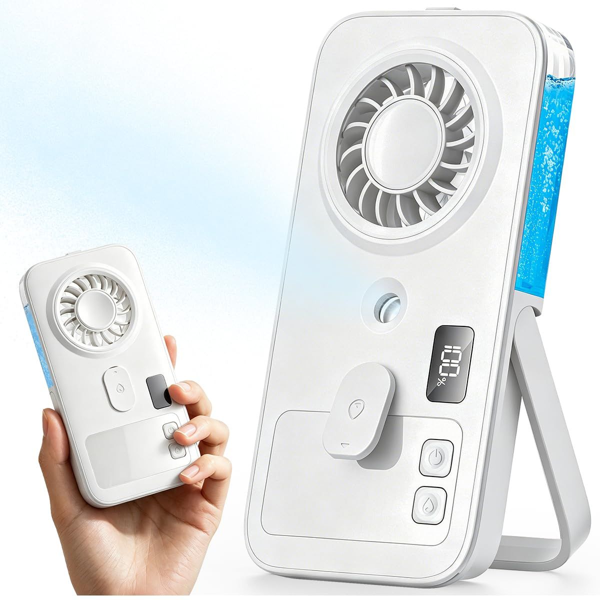 Mini Handheld Misting Fan, Portable Powerful Personal Cooling Mister, Slim Light Foldable, 4-Speed Rechargeable with Water Spray for Hand & Desk (White)