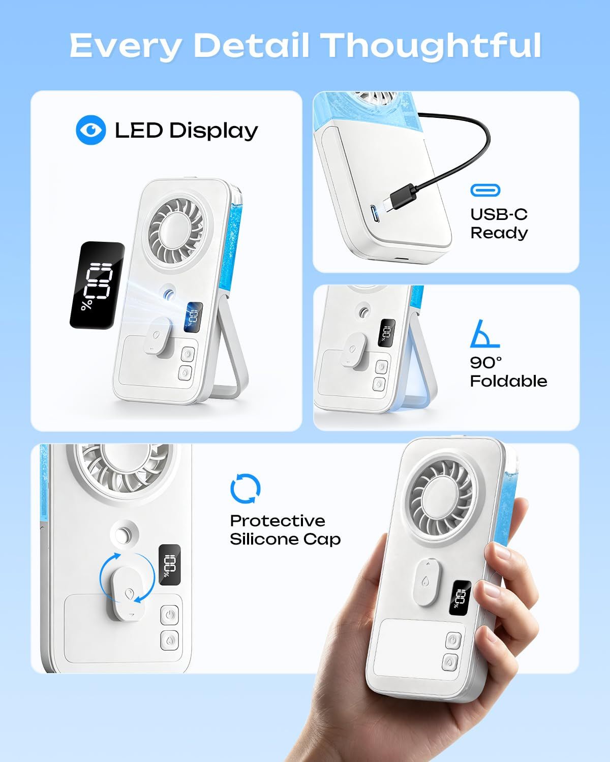 Mini Handheld Misting Fan, Portable Powerful Personal Cooling Mister, Slim Light Foldable, 4-Speed Rechargeable with Water Spray for Hand & Desk (White)