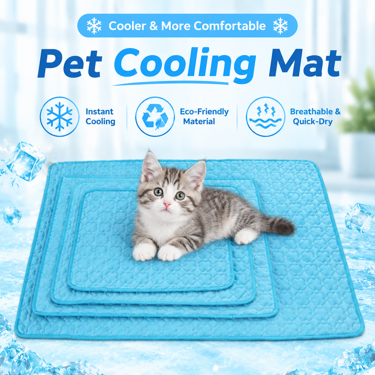 Cooling Pet Mat for Dogs and Cats, Summer Heat Relief Bed Pad with Breathable Mesh and Soothing Gel Layer, Ideal for Sofa Floor Crate Car Seat and Outdoor Use (Blue, L)