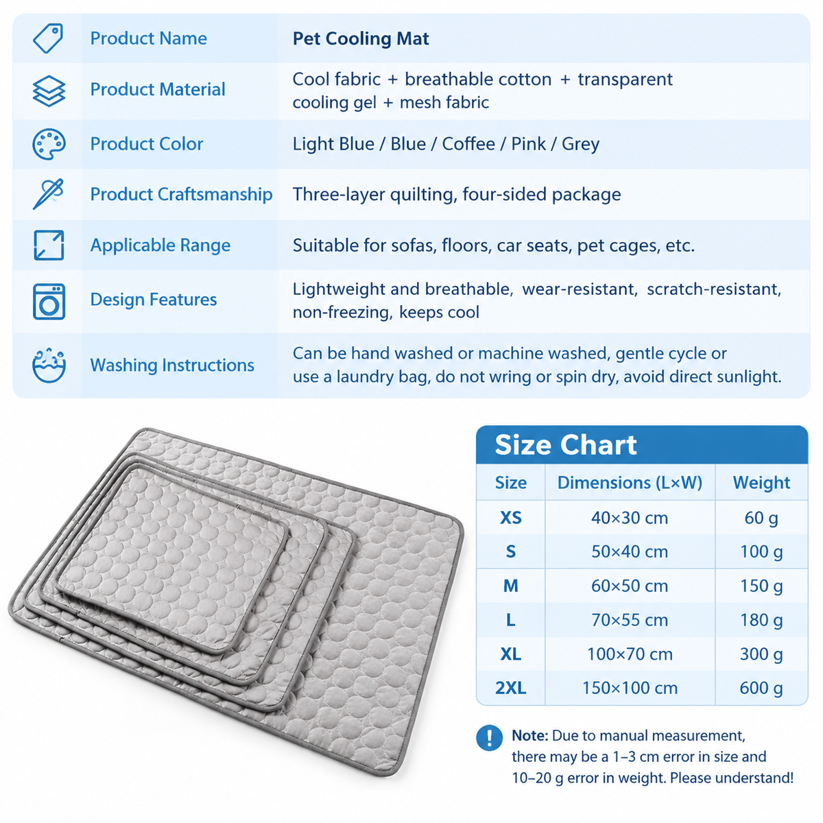Cooling Pet Mat for Dogs and Cats, Summer Heat Relief Bed Pad with Breathable Mesh and Soothing Gel Layer, Ideal for Sofa Floor Crate Car Seat and Outdoor Use (Blue, L)